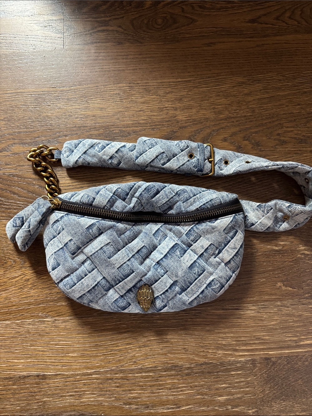 Kurt Geiger Quilted Denim-Style Belt Bag with Chain Accent